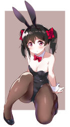 Rule 34 | 1girl, animal ears, bare shoulders, black footwear, black hair, black leotard, bow, bowtie, breasts, brown background, brown pantyhose, detached collar, fake animal ears, full body, hair bow, highres, knee up, kurokawa makoto, leotard, long hair, looking at viewer, love live!, love live! school idol project, medium breasts, on one knee, pantyhose, playboy bunny, rabbit ears, red bow, red bowtie, red eyes, shoes, solo, twintails, two-tone background, white background, yazawa nico