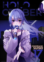 Rule 34 | absurdres, adarin, bare shoulders, blue dress, blue eyes, blue hair, blue nails, breasts, character name, collarbone, double-parted bangs, dress, earrings, english text, floating hair, hair between eyes, highres, holding, holding microphone, hololive, hoshimachi suisei, jacket, jewelry, long sleeves, medium hair, microphone, nail polish, night, off shoulder, open clothes, open jacket, ponytail, reaching, sidelocks, small breasts, star (symbol), star earrings, star in eye, symbol in eye, twitter username, virtual youtuber, white jacket