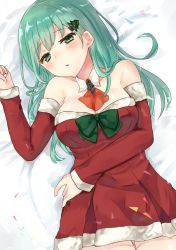 Rule 34 | 10s, 1girl, alternate costume, aqua hair, arm warmers, bare shoulders, breasts, chiune (yachi), christmas, christmas tree hair ornament, cleavage, confetti, detached collar, dress, green eyes, hair ornament, kantai collection, large breasts, long hair, looking at viewer, lying, on back, on bed, open mouth, red dress, sleeves past wrists, solo, strapless, strapless dress, suzuya (kancolle)