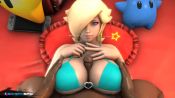 Rule 34 | 10s, 1boy, 1girl, 3d, animated, artist name, bayernsfm, bed, between breasts, bikini, bikini top only, blonde hair, blue eyes, bottomless, bouncing breasts, breast suppress, breasts, covering privates, covering one eye, cum, cum on fingers, dark-skinned male, dark skin, erection, game console, grabbing, grabbing another&#039;s breast, green bikini, hair over one eye, heart, hetero, holding, interracial, jiggle, joy-con, kneeling, large breasts, lips, looking at penis, looking at viewer, looking down, looping animation, luma (mario), lying, mario (series), medium hair, mole, mole under mouth, mouth hold, nintendo, nintendo switch, o-ring, o-ring top, on back, on bed, paizuri, penis, pillow, pov, precum, rosalina, rubbing, sitting, sitting on person, solo focus, source filmmaker (medium), straddling, straddling paizuri, super mario bros. 1, super mario galaxy, swimsuit, uncensored, video, wand