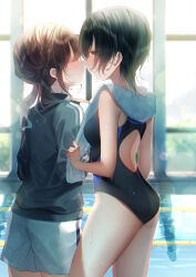 Rule 34 | 2girls, absurdres, bare legs, black hair, brown hair, competition swimsuit, height difference, highres, imminent kiss, legs, low twintails, multiple girls, one-piece swimsuit, original, pool, poolside, swimsuit, touki matsuri, twintails, water, wet, wet clothes, wet swimsuit, yuri
