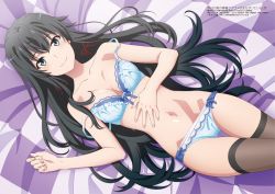 Rule 34 | 1girl, ahoge, black hair, black thighhighs, blanket, blue bra, blue eyes, blue panties, bow, bow bra, bow panties, bra, breasts, checkered blanket, cleavage, closed mouth, collarbone, hair ribbon, hand on own stomach, highres, lace, lace-trimmed bra, lace-trimmed panties, lace trim, long hair, looking at viewer, lying, navel, official art, on back, panties, ribbon, sidelocks, small breasts, smile, solo, thighhighs, thighs, underwear, underwear only, yahari ore no seishun lovecome wa machigatteiru., yukinoshita yukino