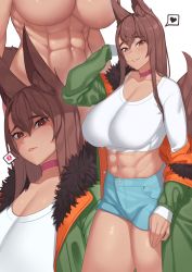 Rule 34 | 1girl, abs, angry, animal ear fluff, animal ears, blue shorts, breasts, brown eyes, brown hair, choker, crop top, fang, fox ears, fox girl, fox tail, franham, fur-trimmed jacket, fur trim, green jacket, hair between eyes, heart, highres, jacket, large breasts, long sleeves, looking at viewer, multicolored clothes, multicolored jacket, multiple views, navel, nude, off-shoulder jacket, off shoulder, open clothes, open jacket, orange jacket, original, parted lips, purple choker, shirt, short shorts, shorts, smile, spoken heart, stomach, tail, two-sided fabric, two-sided jacket, two-tone jacket, underboob, white shirt