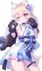 Rule 34 | 1girl, ;3, absurdres, animal ears, animal hands, bare shoulders, black choker, black gloves, blonde hair, blue hair, blue kimono, blush, breasts, choker, closed mouth, commentary request, dog ears, dog girl, dog tail, floral print, flower, fur-trimmed gloves, fur trim, fuwawa abyssgard, fuwawa abyssgard (new year), gloves, hair between eyes, hair flower, hair ornament, hands up, highres, hololive, hololive english, japanese clothes, kimono, long hair, masaki (msk064), medium breasts, multicolored hair, official alternate costume, one eye closed, paw gloves, print kimono, purple eyes, purple flower, sideboob, simple background, sleeveless, sleeveless kimono, solo, streaked hair, tail, virtual youtuber, white background