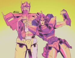 Rule 34 | 1boy, 1girl, arms up, autobot, clenched hands, elita one, exhaust pipe, gradient background, highres, limited palette, mecha, muscular, optimus prime, praying, primusibi, robot, signature, sketch, tagme, transformers, transformers: earthspark, yellow background