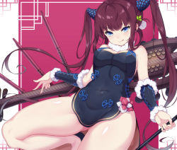 Rule 34 | 1girl, absurdres, bare shoulders, black dress, blue eyes, blush, border, breasts, china dress, chinese clothes, cleavage, closed mouth, covered navel, detached sleeves, dress, fate/grand order, fate (series), flute, hair ornament, highres, instrument, kneeling, large breasts, leaf hair ornament, leaning back, long hair, looking at viewer, pink background, pipa (instrument), purple hair, side slit, sidelocks, smile, solo, thighs, tongue, tongue out, twintails, tzk, very long hair, white border, yang guifei (fate), yang guifei (second ascension) (fate)