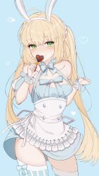 Rule 34 | 1girl, absurdres, ahoge, animal ears, argyle, argyle clothes, argyle legwear, artoria caster (fate), artoria caster (swimsuit) (fate), artoria caster (swimsuit) (second ascension) (fate), artoria pendragon (fate), bare shoulders, blonde hair, blue dress, blue thighhighs, blush, breasts, candy, chocolate, chocolate heart, dress, fake animal ears, fate/grand order, fate (series), food, green eyes, hairband, heart, highres, long hair, looking at viewer, mati5572, puffy short sleeves, puffy sleeves, rabbit ears, short sleeves, skirt, small breasts, solo, striped clothes, striped thighhighs, thighhighs, thighs, twintails, white skirt