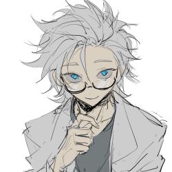 Rule 34 | 1boy, blue eyes, chinese commentary, closed mouth, colored sclera, commentary request, glasses, gouzhiyi, grey sclera, grey shirt, hand up, highres, kanou aogu, lab coat, male focus, saibou shinkyoku, sanpaku, shirt, short hair, simple background, sketch, smile, solo, white background, white hair