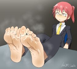 Rule 34 | 1girl, barefoot, business suit, chair, feet, foot focus, formal, glasses, highres, kobayashi-san chi no maidragon, kobayashi (maidragon), long hair, looking to the side, ponytail, red eyes, red hair, salmo, sitting, soles, steam, suit, sweat, toes