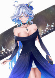 Rule 34 | 1girl, absurdres, alternate breast size, bag, bare shoulders, black dress, blue dress, blue eyes, blue hair, breasts, bridal gauntlets, commentary request, dress, drop earrings, earrings, furina (genshin impact), genshin impact, gradient dress, hair between eyes, hair ornament, handbag, heterochromia, highres, jewelry, large breasts, light blue hair, long hair, maumaou, mismatched pupils, multicolored hair, neck ribbon, off-shoulder dress, off shoulder, pendant, ribbon, solo, very long hair, white hair