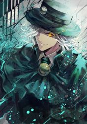 Rule 34 | 1boy, commentary request, edmond dantes (fate), evil smile, fate/grand order, fate (series), fedora, formal, glowing, glowing eye, hair over one eye, hat, highres, looking at viewer, male focus, necktie, smile, solo, terai (teraimorimori), white hair, yellow eyes