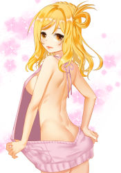 Rule 34 | 1girl, aran sweater, bare back, blonde hair, blush, braid, breasts, butt crack, cable knit, floral background, flower, from behind, hair rings, halterneck, kyoungi nyang, lips, looking at viewer, looking back, love live!, love live! school idol project, love live! sunshine!!, meme attire, ohara mari, sideboob, solo, sweater, virgin killer sweater, yellow eyes