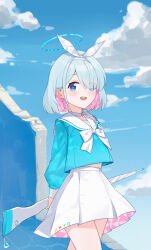 Rule 34 | 1girl, absurdres, arms behind back, arona (blue archive), blue archive, blue eyes, blue hair, blue shirt, blue sky, blush, braid, choker, cloud, cloudy sky, colored inner hair, commentary, cowboy shot, hair over one eye, hair ribbon, highres, holding, holding umbrella, looking at viewer, midriff peek, multicolored hair, ni de pengyou, one eye covered, open mouth, outdoors, pink hair, ribbon, sailor collar, school uniform, serafuku, shirt, short hair, skirt, sky, smile, solo, standing, streaked hair, umbrella, white choker, white ribbon, white sailor collar, white skirt