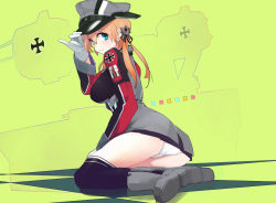 Rule 34 | 10s, 1girl, anchor hair ornament, ass, bad id, bad pixiv id, black ribbon, black skirt, black thighhighs, blonde hair, blue eyes, blush, cross, gloves, hair ornament, hair ribbon, hand on headwear, hat, iron cross, kantai collection, long hair, long sleeves, looking at viewer, looking back, microskirt, military, military uniform, over-kneehighs, panties, peaked cap, prinz eugen (kancolle), ribbon, sitting, skirt, so shina, sohin, solo, thighhighs, twintails, underwear, uniform, white gloves, white panties