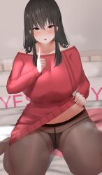 Rule 34 | 1girl, absurdres, artist request, black hair, black panties, blush, highres, lifting own clothes, long hair, panties, panties under pantyhose, pantyhose, red eyes, red sweater, solo, spy x family, sweatdrop, sweater, underwear, yor briar