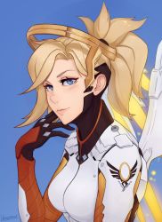 Rule 34 | 1girl, armor, artist name, black gloves, blonde hair, blue background, blue eyes, blush, bodysuit, breastplate, breasts, closed mouth, clothes writing, eyelashes, gloves, hair ornament, hair tie, halo, headgear, highres, lips, long hair, long sleeves, looking at viewer, mechanical halo, mechanical wings, medium breasts, mercy (overwatch), overwatch, overwatch 1, pink lips, ponytail, simple background, solo, turtleneck, unsomnus, upper body, wing print, wings, yellow wings