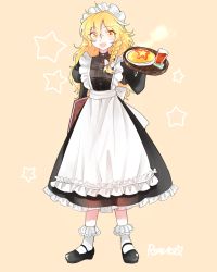 Rule 34 | 1girl, alternate costume, apron, black dress, blonde hair, braid, cup, dress, drinking glass, enmaided, food, highres, juliet sleeves, kirisame marisa, long hair, long sleeves, maid, maid apron, maid headdress, mary janes, menu, omelet, open mouth, puffy sleeves, rosette (roze-ko), shoes, single braid, smile, solo, star (symbol), touhou, tray, very long hair, yellow eyes