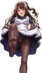 Rule 34 | 1girl, :d, alternate costume, apron, apron lift, black dress, black gloves, black pantyhose, blue ribbon, blush, breasts, brown eyes, brown hair, cameltoe, clothes lift, collared dress, commentary request, dress, dress lift, elbow gloves, enmaided, feet, frilled apron, frilled sleeves, frills, from below, gloves, gluteal fold, hair ribbon, heart, idolmaster, idolmaster cinderella girls, lambda (kusowarota), lifting own clothes, long hair, looking at viewer, looking down, maid, maid headdress, medium breasts, neck ribbon, one side up, open mouth, panties, panties under pantyhose, pantyhose, puffy short sleeves, puffy sleeves, red ribbon, ribbon, shimamura uzuki, short sleeves, simple background, smile, soles, solo, standing, standing on one leg, teeth, toes, underwear, upper teeth only, upskirt, very long hair, wavy hair, white apron, white background, white panties, wing collar