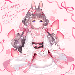Rule 34 | 1girl, 2023, animal, animal ear fluff, animal ears, apron, black hair, blush, chinese zodiac, closed mouth, commentary request, doily, flower, food, fruit, happy new year, highres, holding, holding plate, japanese clothes, kimono, long hair, looking at viewer, multicolored hair, new year, obi, original, pink apron, pink background, plate, purple eyes, purple hair, rabbit, rabbit ears, sash, seiza, simple background, sitting, solo, strawberry, two-tone hair, very long hair, wasabi (sekai), white flower, white kimono, year of the rabbit