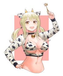 Rule 34 | 1girl, :d, animal ears, animal print, arm up, bell, bikini, bikini top only, black choker, blonde hair, breasts, choker, cleavage, collarbone, cow ears, cow girl, cow horns, cow print, crop top, cropped jacket, cropped torso, fairy tail, groin, halterneck, halterneck, hand on own hip, highres, holding, horns, jacket, jchoy, jingle bell, key, large breasts, long hair, long sleeves, looking at viewer, low twintails, lucy heartfilia, midriff, navel, open mouth, orange eyes, revealing clothes, smile, solo, stomach, string bikini, swimsuit, twintails, white bikini, white jacket