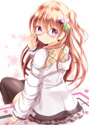 Rule 34 | &gt;:), 1girl, adjusting eyewear, arm support, blush, brown hair, brown thighhighs, clockwork rabbit, closed mouth, commentary request, fingernails, floral background, gochuumon wa usagi desu ka?, hair between eyes, hair ornament, hairclip, hand up, highres, hoto cocoa, jacket, long hair, long sleeves, off shoulder, one side up, open clothes, open jacket, pink-framed eyewear, purple eyes, semi-rimless eyewear, shirt, sitting, sleeves past wrists, smile, solo, sweater vest, thighhighs, under-rim eyewear, v-shaped eyebrows, very long hair, white background, white jacket, white shirt, xenon (for achieve)