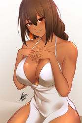 Rule 34 | 1girl, airisubaka, artist name, azur lane, bare shoulders, breasts, brown eyes, brown hair, collarbone, commentary, dark-skinned female, dark skin, dress, english commentary, gradient background, grey background, hair between eyes, hands on own chest, highres, large breasts, long hair, looking at viewer, parted lips, side slit, signature, simple background, smile, solo, south dakota (azur lane), south dakota (solo concert) (azur lane), white dress