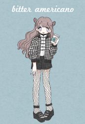 Rule 34 | 1girl, absurdres, black footwear, blush, brown hair, cup, fishnet legwear, fishnets, full body, green background, highres, holding, holding cup, jacket, long hair, long sleeves, nail polish, no nose, noeru (noellemonade), open clothes, open jacket, original, purple eyes, red nails, shorts, solo, standing, tongue, tongue out, very long hair