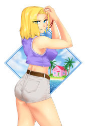 Rule 34 | 1girl, absurdres, android 18, ass, blonde hair, blue eyes, breasts, dragon ball, dragonball z, from behind, grin, hair over one eye, hermit tanuki, highres, large breasts, looking at viewer, shiny skin, short hair, short shorts, shorts, sideboob, smile, solo