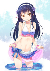 Rule 34 | 10s, 1girl, bikini, bikini skirt, blue hair, bow, bracelet, breasts, brown eyes, cleavage, earrings, flower, frilled bikini, frills, hair flower, hair ornament, hairband, halterneck, heart, hyuuga azuri, jewelry, long hair, looking at viewer, love live!, love live! school idol project, medium breasts, natsuiro egao de 1 2 jump!, navel, necklace, partially submerged, see-through, shiny skin, skirt, skirt hold, smile, solo, sonoda umi, stomach, swimsuit, wading, water, wet