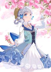 Rule 34 | 1girl, absurdres, arm up, ayaka (genshin impact), blue eyes, blue vest, braid, braided hair rings, breasts, butterfly hair ornament, commentary request, dress, flower, genshin impact, grey hair, hair flower, hair ornament, hair rings, highres, holding, holding flower, long sleeves, looking at viewer, pantyhose, parted lips, petals, pink flower, pink rose, puffy long sleeves, puffy sleeves, rose, small breasts, solo, twin braids, vest, white dress, white flower, white pantyhose, yu-ri (arium047)