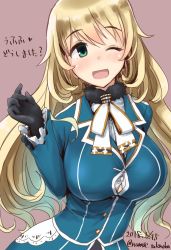 Rule 34 | 1girl, ascot, atago (kancolle), black gloves, blonde hair, breasts, brown background, commentary request, cowboy shot, fur trim, gloves, green eyes, kantai collection, large breasts, long hair, looking at viewer, military, military uniform, minase (takaoka nanase), one-hour drawing challenge, one eye closed, open mouth, simple background, smile, solo, translation request, uniform, white ascot