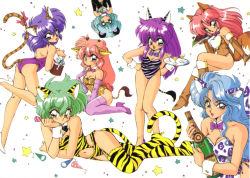Rule 34 | 6+girls, animal costume, animal ears, animal print, blue eyes, blue hair, boots, bottle, breasts, brown eyes, brown footwear, cat ears, cleavage, confetti, cup, detached collar, drinking glass, elbow gloves, fox costume, fox ears, fur trim, garter straps, giraffe ears, giraffe print, gloves, green hair, hand on own hip, high heels, highres, holding, holding bottle, holding tray, light blue hair, looking at viewer, medium breasts, multiple girls, navel, open mouth, panda ears, party popper, pink eyes, pink gloves, pink hair, pumps, purple hair, red eyes, retro artstyle, ribbon, ruuen rouga, simple background, smile, star (symbol), tail, tail ornament, tail ribbon, thigh boots, thighhighs, tiger ears, tiger print, tiger tail, tray, upside-down, white background, white footwear, wrist cuffs, zebra ears, zebra print, zebra tail