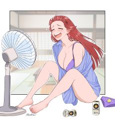 Rule 34 | 1girl, absurdres, artist name, beer can, bra, breasts, can, cleavage, closed eyes, dismaiden, drink can, electric fan, highres, large breasts, long hair, off shoulder, open mouth, original, panties, purple bra, purple panties, red hair, signature, sitting, smile, solo, underwear