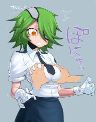 Rule 34 | 1girl, @ @, ^^^, bad id, bad pixiv id, breasts, diamond mouth, eyepatch, gloves, grabbing, grabbing another&#039;s breast, green hair, grey background, groping, hair ornament, hair over one eye, highres, impossible clothes, impossible shirt, large breasts, necktie, open mouth, orange eyes, otonashi kiruko, ringed eyes, shinmai fukei kiruko-san, shirt, short hair, simple background, skirt, solo focus, spacezin, sweat, trembling, uniform, white gloves