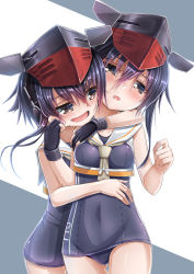 Rule 34 | 10s, 2girls, asymmetrical hair, black hair, black one-piece swimsuit, brown eyes, covered navel, framed breasts, gloves, hair between eyes, hat, headphones, highres, hug, hug from behind, i-13 (kancolle), i-14 (kancolle), kantai collection, multiple girls, one-piece swimsuit, open mouth, partially fingerless gloves, sailor collar, school swimsuit, short hair, siblings, single glove, sisters, swimsuit, yashiro