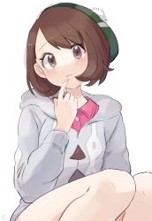 Rule 34 | 1girl, blush, bob cut, brown eyes, brown hair, buttons, cable knit, cardigan, closed mouth, collared dress, creatures (company), dress, eyelashes, game freak, gloria (pokemon), green hat, grey cardigan, hand up, hat, highres, hooded cardigan, knees, looking at viewer, nintendo, pink dress, pokemon, pokemon swsh, ririmon, short hair, simple background, solo, tam o&#039; shanter, white background