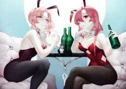 Rule 34 | 2girls, :o, absurdres, animal ears, bird, black pantyhose, bottle, braid, breasts, cleavage cutout, clothing cutout, collarbone, detached collar, dual persona, fake animal ears, hair behind ear, hand on own cheek, hand on own face, highres, holding, holding bottle, indie virtual youtuber, kanesaki, leotard, looking at viewer, medium breasts, multiple girls, nini yuuna, open mouth, pantyhose, parted bangs, parted lips, penguin, pink hair, playboy bunny, rabbit ears, red eyes, side braid, smile, virtual youtuber, waist cutout, wrist cuffs