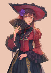 Rule 34 | 1girl, black skirt, blush, brown eyes, brown hair, closed mouth, commentary request, corset, cowboy shot, earrings, flower, folding fan, frilled sleeves, frills, hair flower, hair ornament, hand fan, holding, holding fan, jewelry, juliet sleeves, ling si, long hair, long sleeves, looking at viewer, nail polish, original, pink background, puffy sleeves, purple flower, purple rose, red nails, rose, simple background, skirt, smile, solo, very long hair, wide sleeves