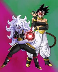 Rule 34 | 1boy, 1girl, a silvers 1997, alternate costume, alternate form, android 21, bardock, biceps, black footwear, black hair, black nails, black sclera, black tube top, boots, broken mask, colored sclera, colored skin, commentary, cosplay, costume switch, crossdressing, curly hair, detached sleeves, dragon ball, dragon ball fighterz, dragon ball xenoverse, dragon ball z dokkan battle, earrings, energy ball, english commentary, full body, glowing, green background, hair between eyes, hand on own elbow, hand over face, harem pants, high heels, highres, hoop earrings, jewelry, light purple hair, long hair, majin android 21, mask, masked saiyan, meme, multicolored background, nail polish, neck ring, official alternate costume, pants, pointy ears, purple background, purple skin, red eyes, saiyan, short hair, spiked hair, standing, strapless, tail, tube top, wrist cuffs, wrist guards