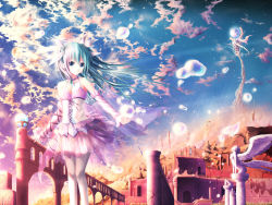 Rule 34 | 1girl, akkijin, aqua eyes, aqua hair, bad id, bad pixiv id, cloud, corset, detached sleeves, dress, hatsune miku, jewelry, looking at viewer, necklace, see-through, sky, smile, solo, thighhighs, vocaloid