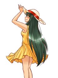 Rule 34 | 1girl, blush, breasts, closed mouth, dress, fang, fang out, from behind, green hair, hat, legs together, long hair, looking at viewer, looking back, simple background, smile, solo, standing, sun hat, suzumiya haruhi no yuuutsu, tsuruya, very long hair, white background, yellow dress, yellow eyes