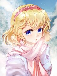 Rule 34 | 1girl, alice margatroid, blonde hair, blue coat, blue eyes, close-up, cloud, cloudy sky, coat, dungeon toaster, hairband, highres, looking at viewer, open mouth, pink scarf, red hairband, scarf, short hair, sky, solo, touhou