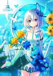 Rule 34 | 1girl, blue eyes, blush, breasts, butterfly hair ornament, closed mouth, cup, drinking glass, drinking straw, eyebrows, flower, hair ornament, kutsunohito, looking at viewer, medium breasts, original, silver hair, smile, solo, sunflower, table