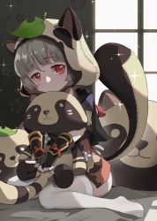 Rule 34 | 1girl, animal ears, animal hood, black gloves, brown hair, fake animal ears, fake tail, fingerless gloves, genshin impact, gloves, highres, hood, indoors, japanese clothes, kimono, leaf, leaf on head, ling yu (15974115107), looking at viewer, hugging object, raccoon ears, raccoon tail, red eyes, sayu (genshin impact), short hair, short kimono, short sleeves, sitting, solo, sparkle, stuffed toy, tail, thighhighs, white thighhighs