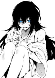 Rule 34 | 1girl, angry, bad id, bad twitter id, black hair, blue eyes, chewing, erubo, frown, greyscale, long hair, looking at viewer, monochrome, original, scowl, scratches, sitting, solo, spot color, white background