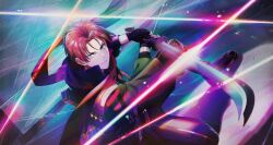 Rule 34 | 1boy, fingerless gloves, fingernails, gloves, green eyes, highres, holding, holding sword, holding weapon, idolmaster, idolmaster side-m, idolmaster side-m growing stars, male focus, mayumi eishin, official art, red hair, shoes, sneakers, solo, sword, weapon