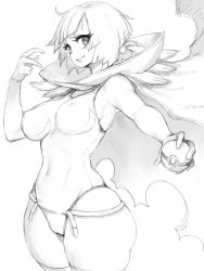 Rule 34 | 1girl, cameltoe, cloak, covered erect nipples, creatures (company), curvy, fumio (rsqkr), game freak, hair ornament, holding, holding poke ball, looking at viewer, monochrome, nintendo, one-piece swimsuit, poke ball, pokemon, pokemon oras, short hair, short ponytail, solo, swimsuit, thighhighs, white background, zinnia (pokemon)