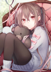 Rule 34 | 1girl, black bow, bow, brown hair, brown pantyhose, closed mouth, commentary request, feet out of frame, grey sweater, hair between eyes, hair bow, highres, knees up, kuroi (liar-player), long hair, original, pantyhose, pillow, pink bow, red eyes, ribbed socks, ribbed sweater, sitting, socks, solo, stuffed animal, stuffed toy, sweater, teddy bear, very long hair, white socks