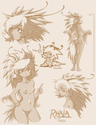 Rule 34 | 1girl, = =, antennae, ass, barefoot, bird, blush stickers, breasts, character profile, chibi, concept art, dark skin, emi (artist), english text, eyelashes, face, facial mark, fairy, fur, hand on own hip, hard-translated, hushabye, legs, long hair, monochrome, monster girl, navel, nipples, nude, o3o, original, phoenix, pointing, profile, pubic hair, pussy, rhaia, sketch, small breasts, standing, tail, tattoo, the endless calabi yau forest, third-party edit, translated, uncensored