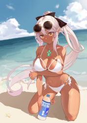 Rule 34 | absurdres, arm under breasts, beach, bikini, black bow, blue sky, blurry, blurry background, blush, bottle, bow, breasts, character request, chinese commentary, closed mouth, cloud, collarbone, commentary request, dark-skinned female, dark skin, earrings, eyewear on head, hair between eyes, hair bow, highres, holding, holding bottle, horizon, jewelry, kneeling, large breasts, long hair, looking away, mythra (xenoblade), navel, ocean, on ground, outdoors, ponytail, sand, shadow, side-tie bikini bottom, single earring, sky, sunglasses, swimsuit, user mnee2255, very long hair, water bottle, white hair, xenoblade chronicles (series), xenoblade chronicles 2, xenoblade chronicles 3, yellow eyes